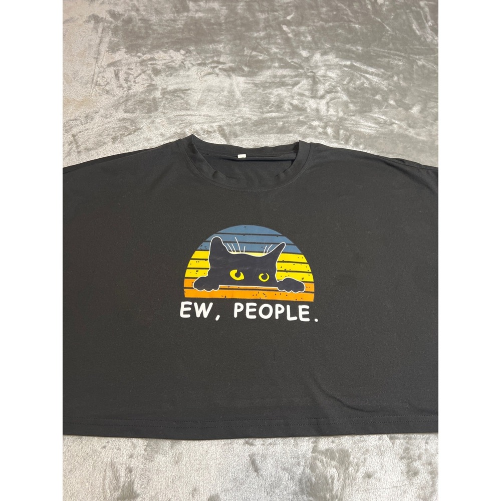 Ew People Cat Retro Sunset Black Crop Top XL Short Sleeve Boxy Graphic Tee - Picture 3 of 11